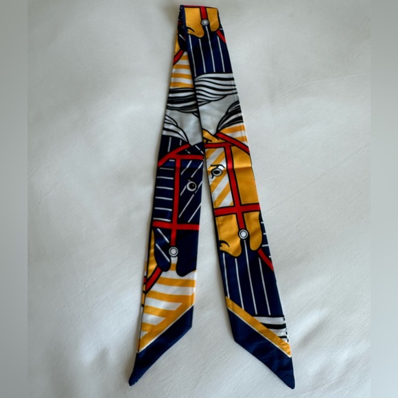 NAVY BLUE GOLD RED WHITE EQUESTRIAN HORSE SKINNY SCARF HANDBAG HANDLE WRAP TIE - Picture 5 of 6